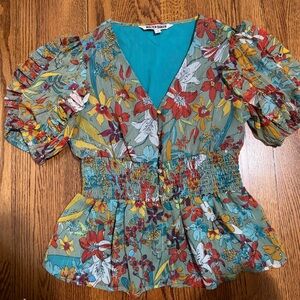 Walter Baker Peplum Teal Floral V Neck Blouse Size Small